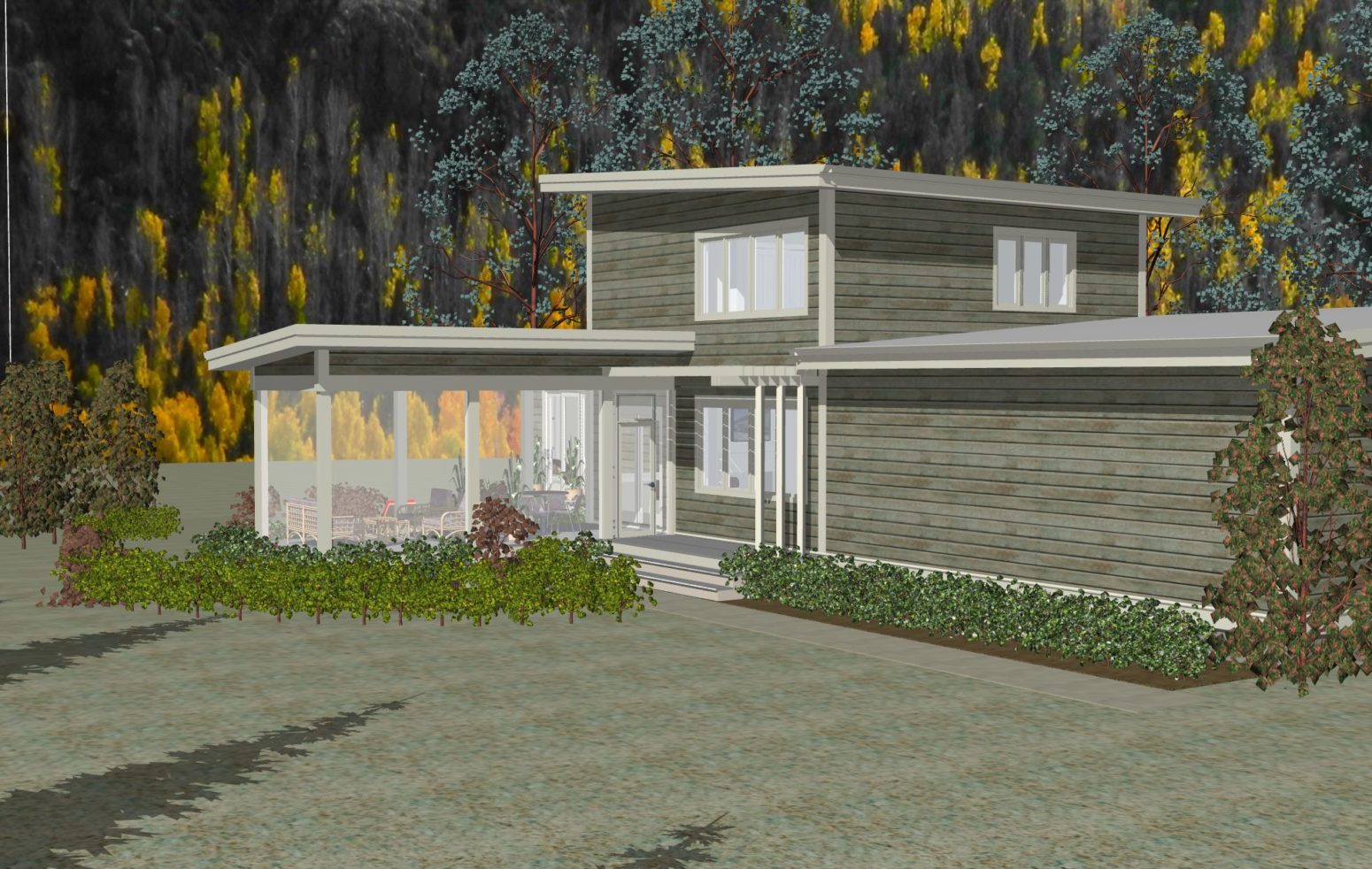 Projected covered screen porch extends into the yard and lives like outside.