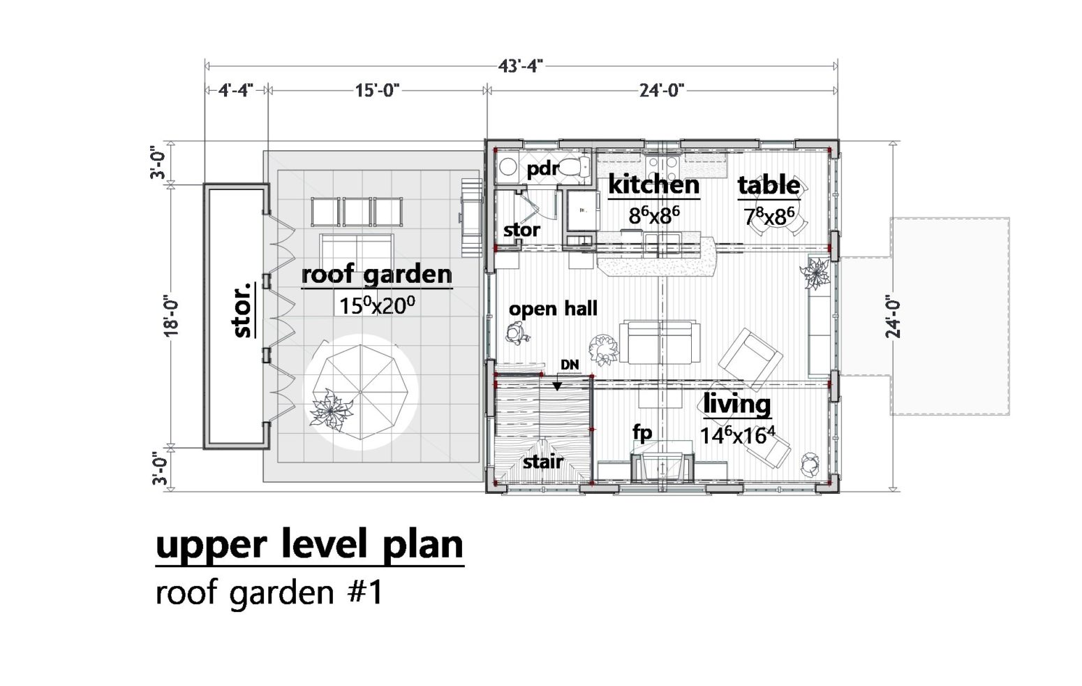 This upper level is the living level. Access in and out from the head of stair to roof garden deck is independent of the living spaces.