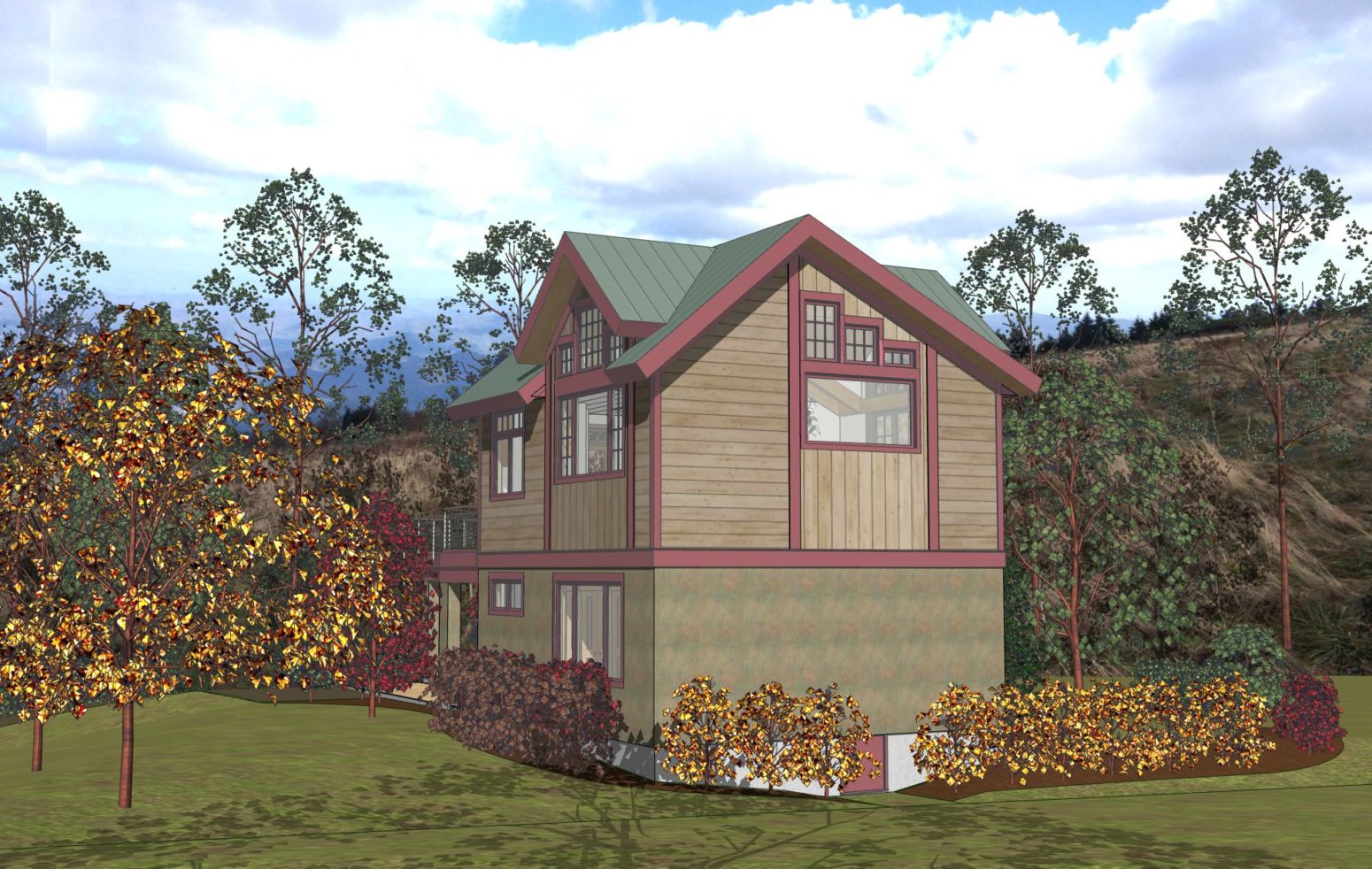 End view this cabin scale home design with a windows design suited to the asymmetrical roof format.