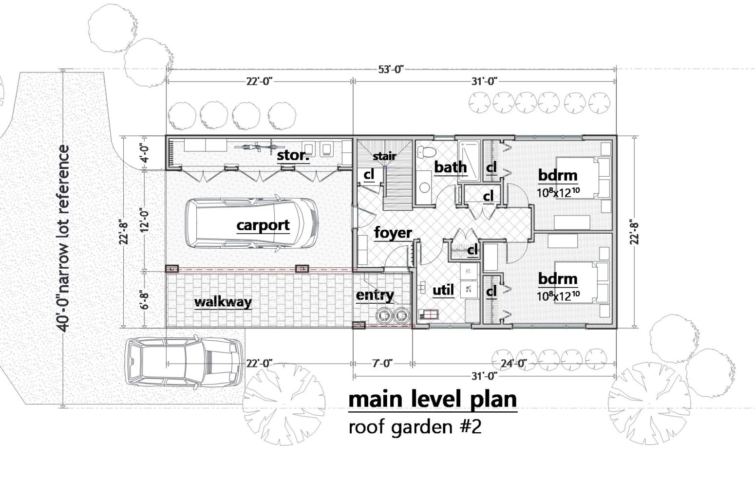 Main-ground level floor plan with all entry and utility functions, and the 2 comfortable bedrooms.