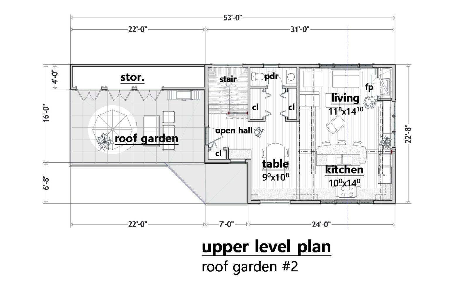 Upper level living spaces with open ceiling kitchen and living areas with symmetrically positioned post and beam design format.