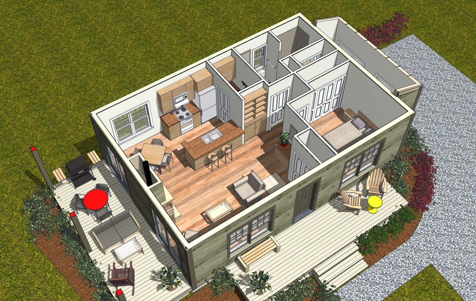 Overview of the simple design plan shoes front entry deck and side covered deck.