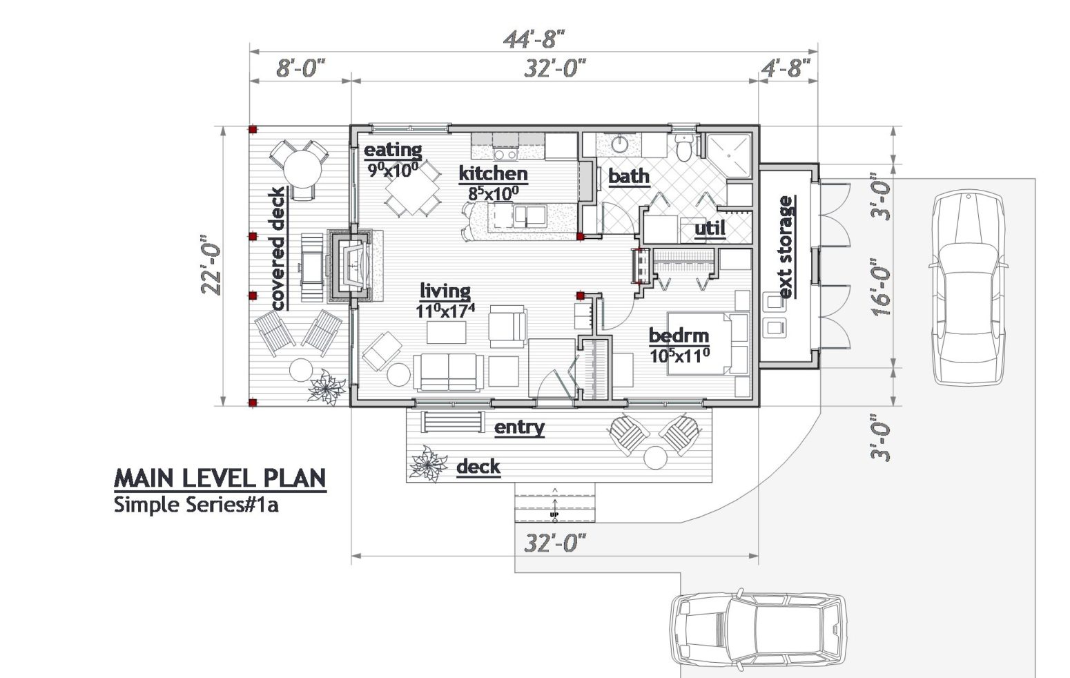 Simple and traditional plan with centered front door and front deck.