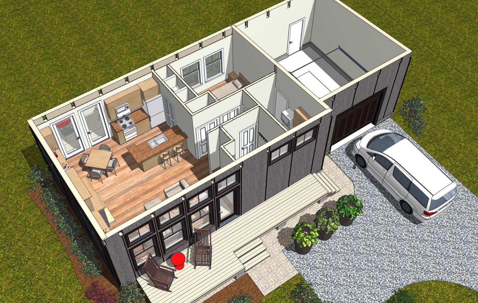 This plan design coordinates with the centering of the exposed glulam beams