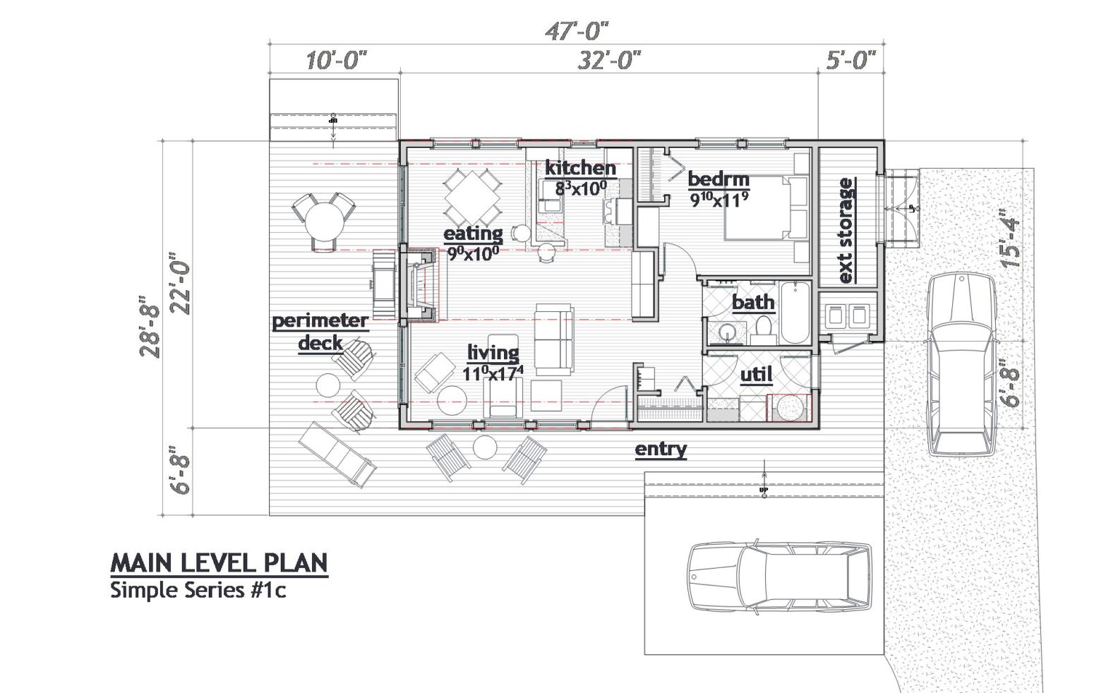 This small plan is a really simple build. Living spaces have the sloped open ceiling.