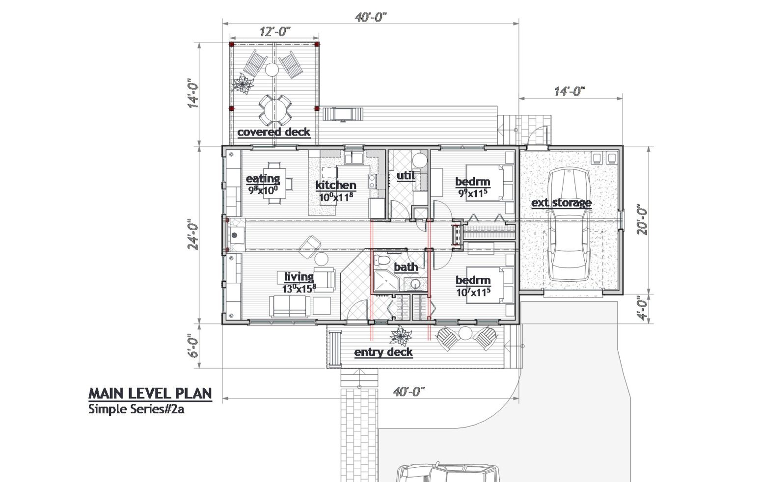 Tall left end wall is the key design feature this simple and neighborhood friendly home design.