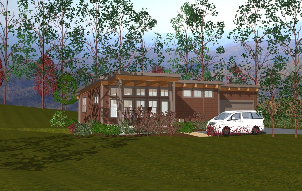 Simple home design with front to back single slope roof beams.