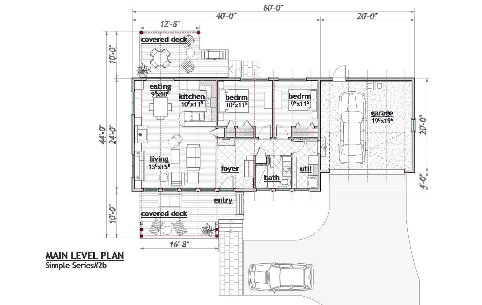 Simle and efficient plan including decks and garage under 1 simple roof plane.