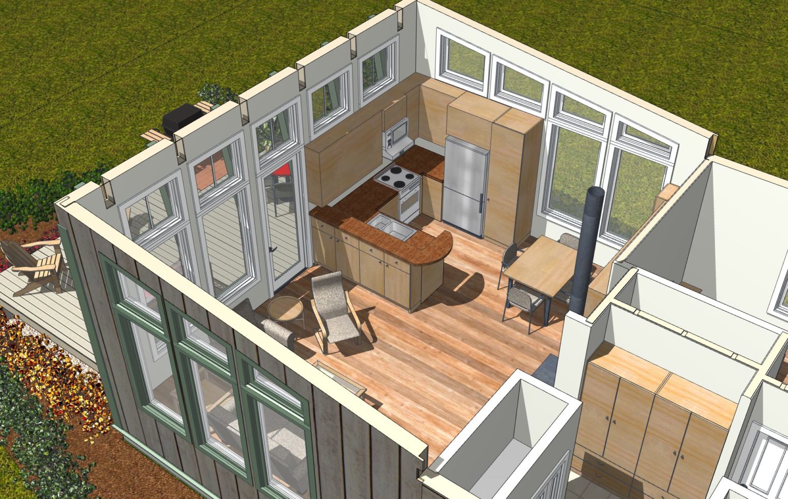 The trapezoidal windows following the beam and roof pitches are fully integrated.