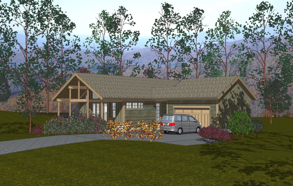 The garage position this 3 bedroom high efficiency designs results in a 'T' shape footprint.