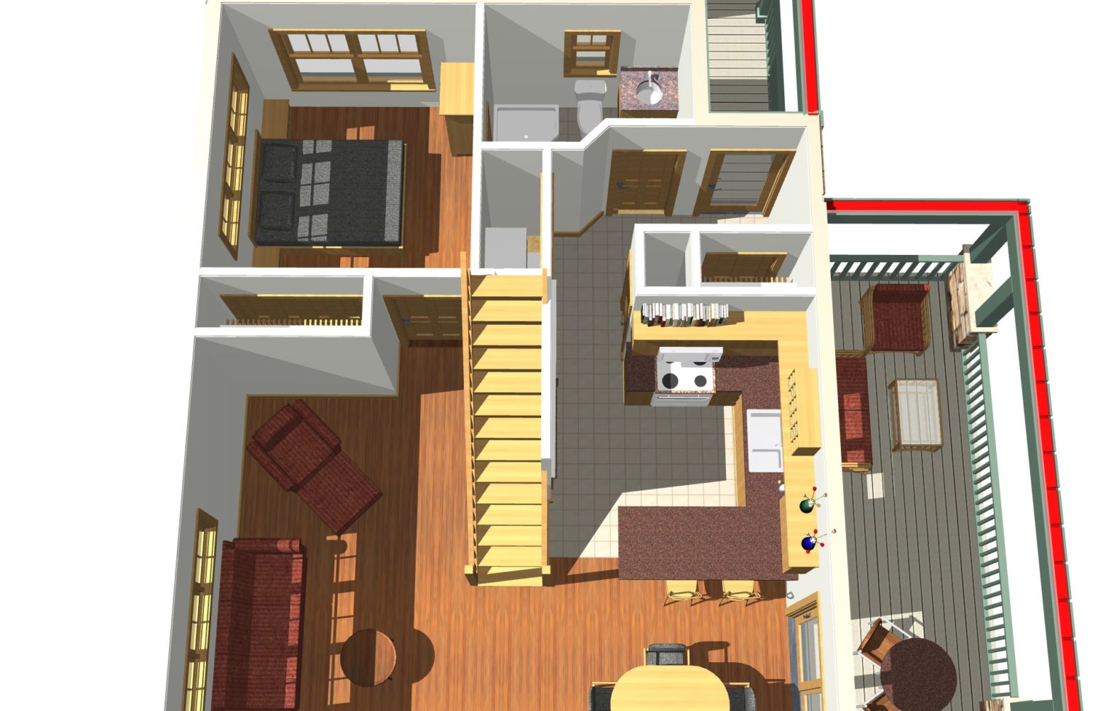 Small cabin design uses the stair as a space organizer.