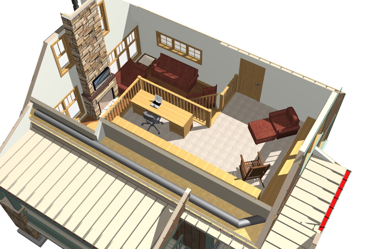 Loft level design plan options include desk-office area, reading spot, or overflow sleeping.e