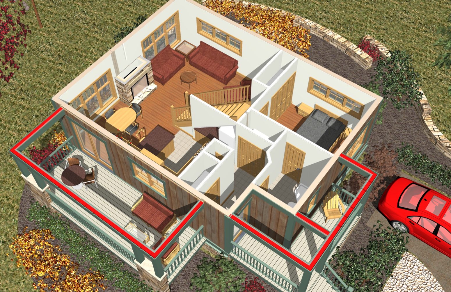 This cabin design layout uses the tiar to separate spaces.