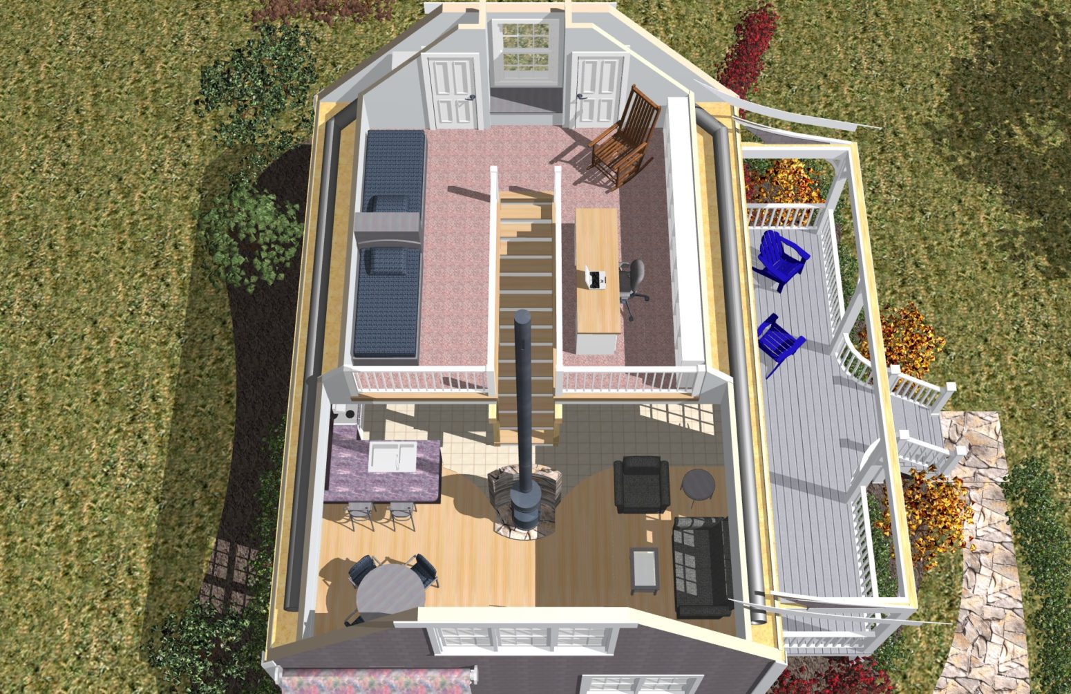 3d plan of this cabin design shows this central heat source stove location with thermal mass.