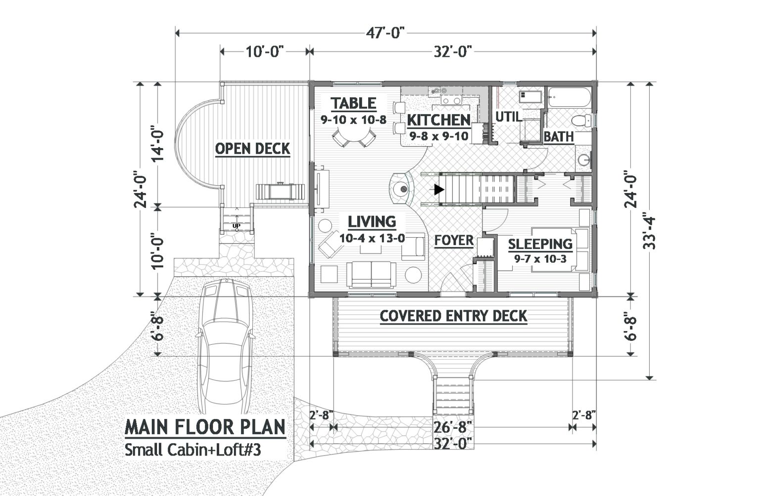 This cabin plan has a traditional centered and symmetrical entry and porch.