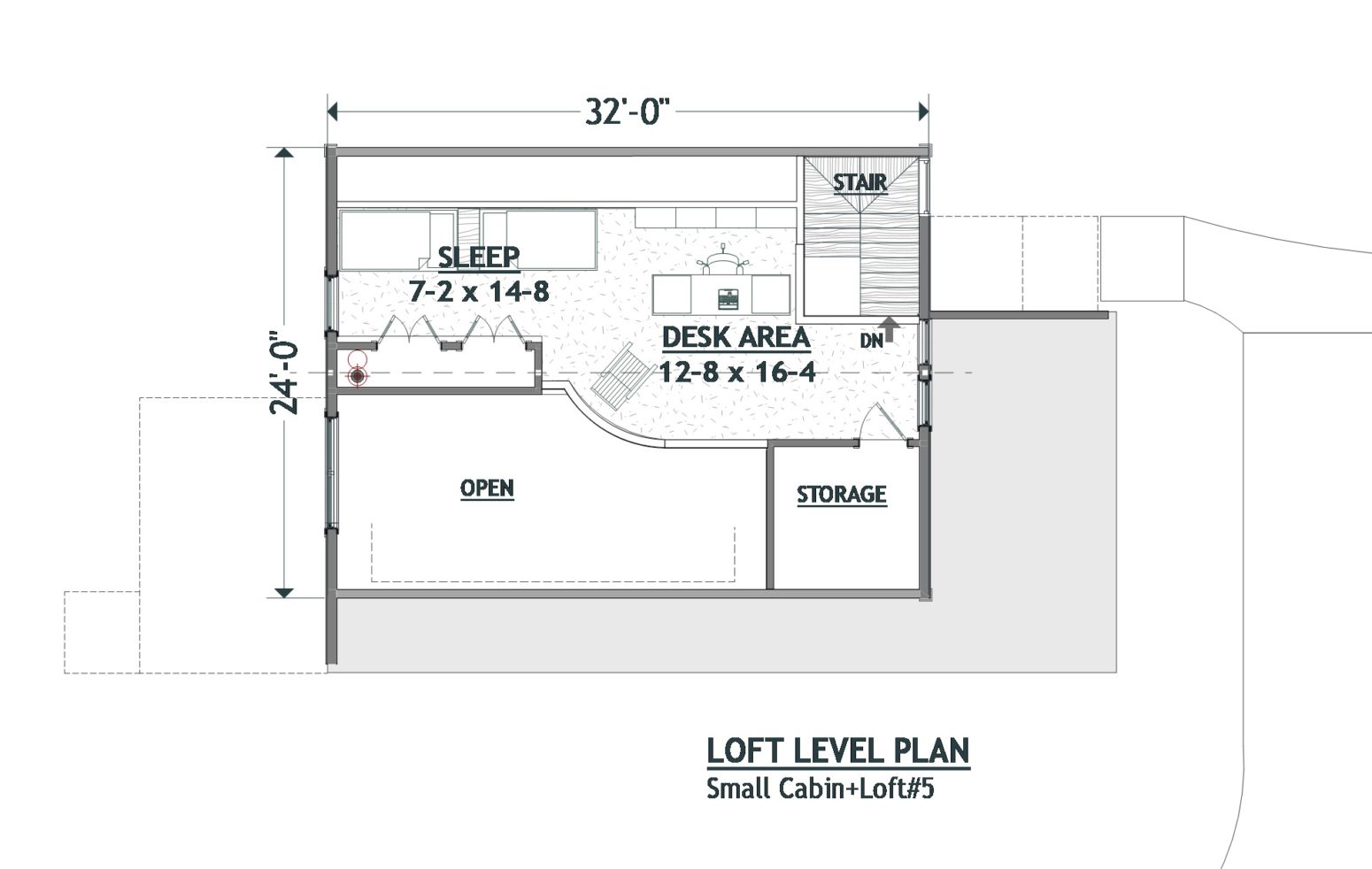 Loft level has a semi private sleeping area, office area, and storage room this small cabin home plan.