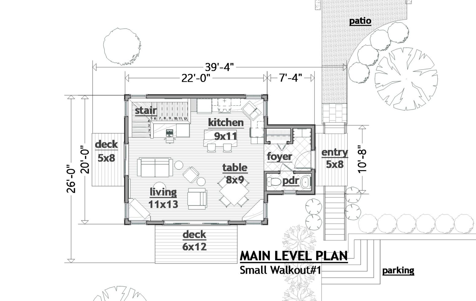 Corner windows characterize this small walkout home plan design.