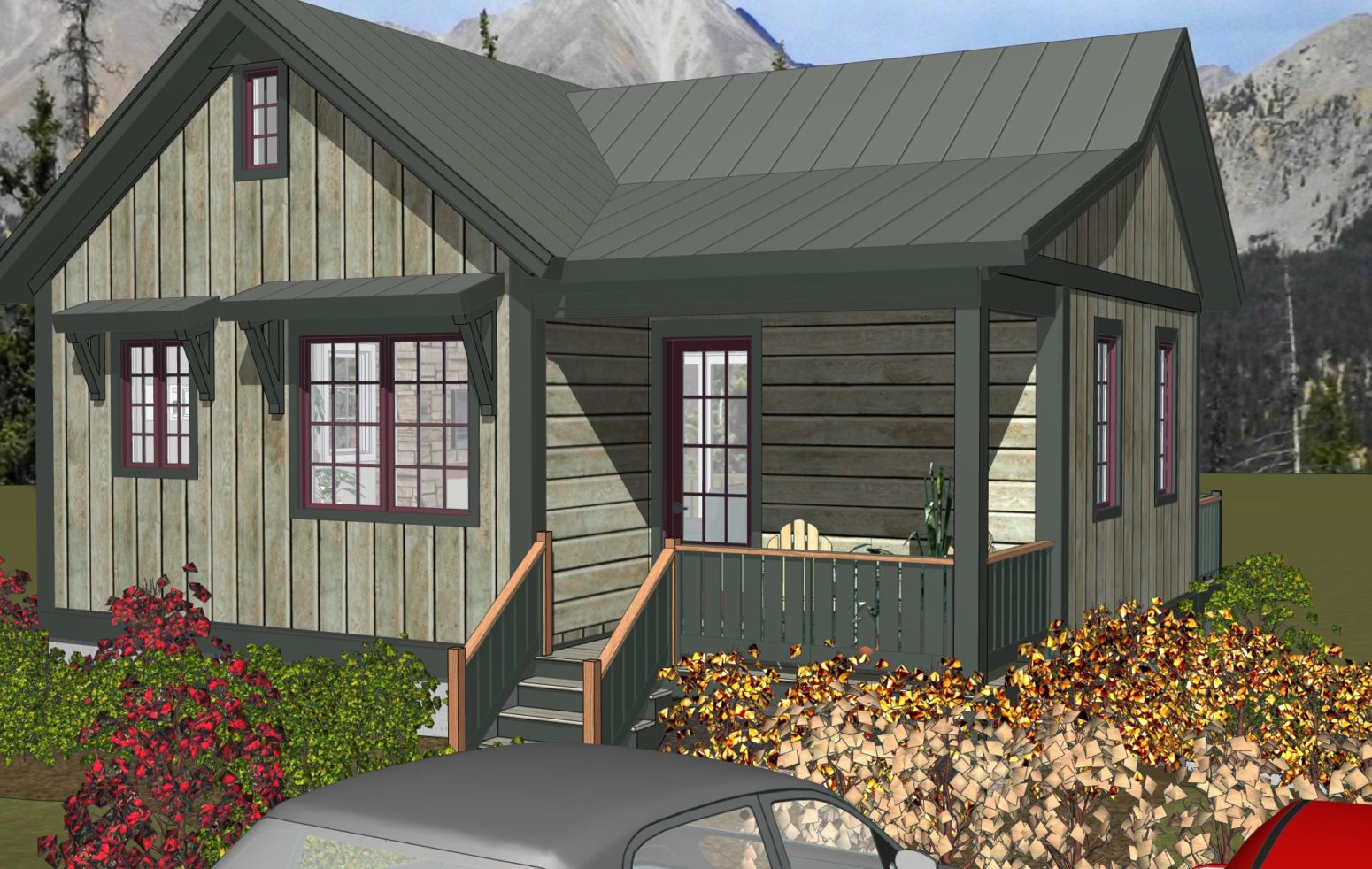 Small front porch fits this cabin style small walkout design..