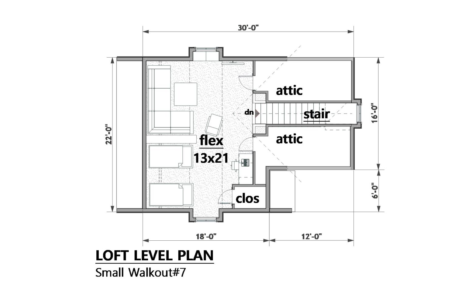 Loft level uses all space possible under roof.