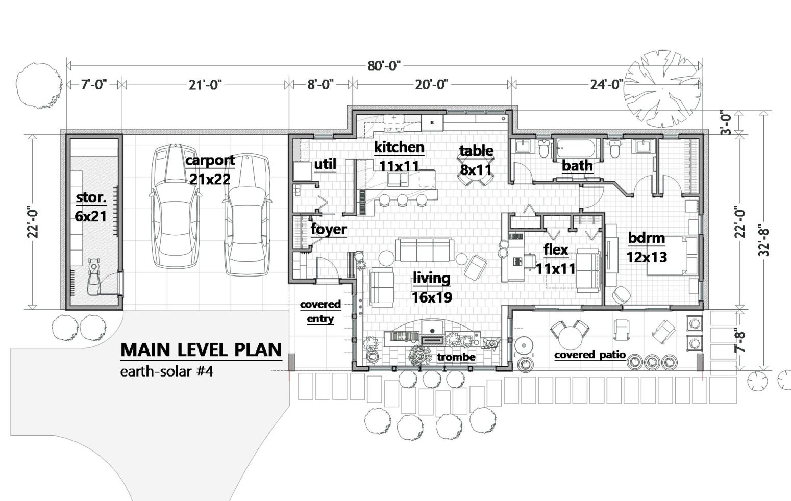 A covered patio with extended single slope roof this plan, and a 'trombe' approach to thermal mass highlight the distinctions this home plan variation.