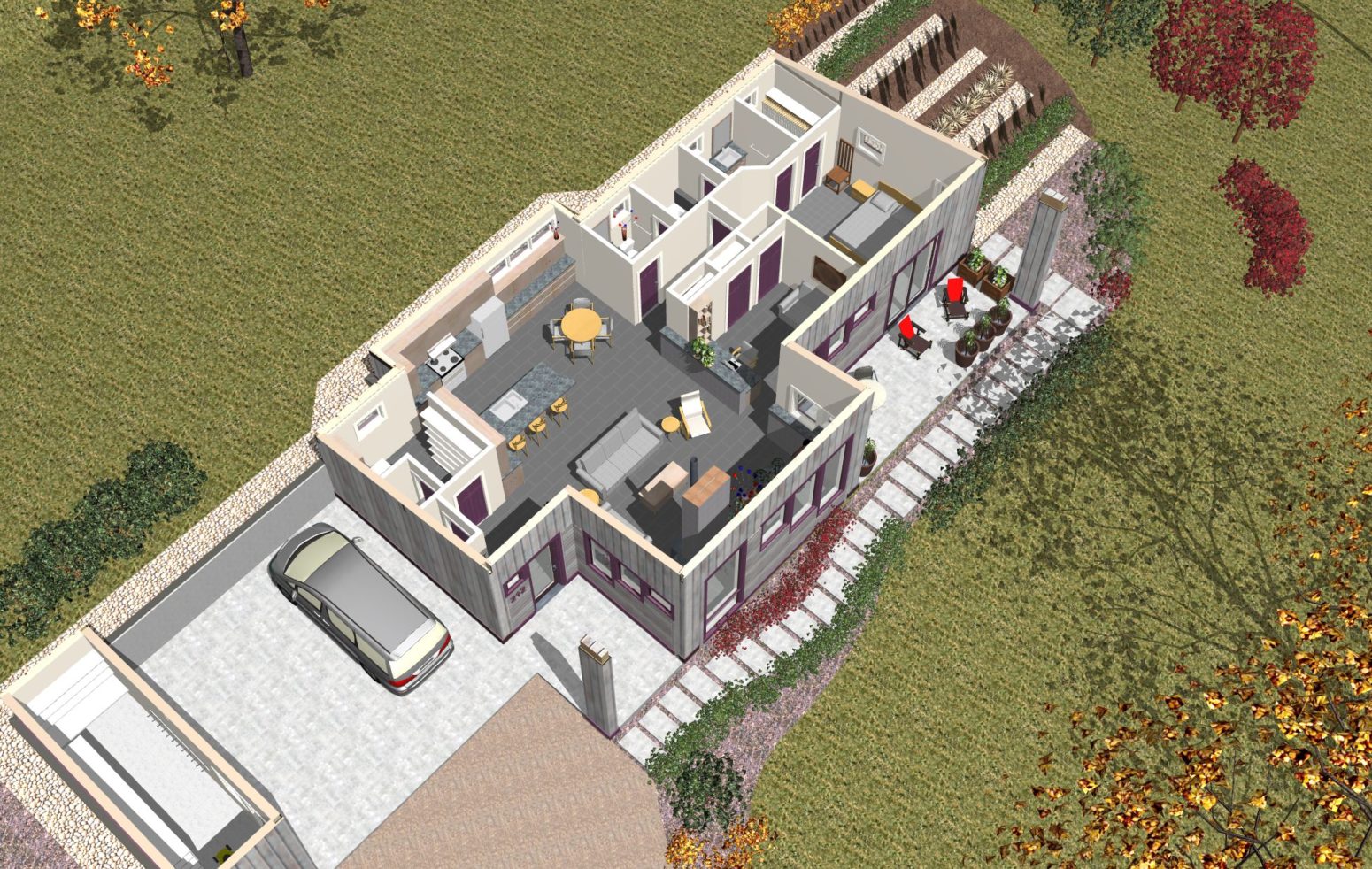 Entire design plan in 3d. The sizes of front south facing windows can be adjusted per best solar gain.