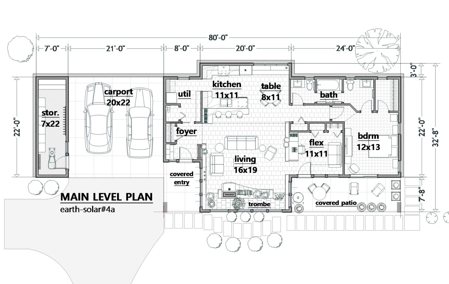 Home deign plan has only 1 variation from design #4 which is the asymmetrical treatment of the 'trombe' feature and the corresponding window treatment.