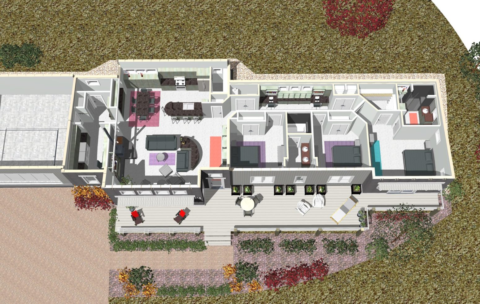 This 3d view of this nicely working plan helps bring the 2d plan to life. Passive solar opportunity in the main living space, and master bedroom are evident this view.