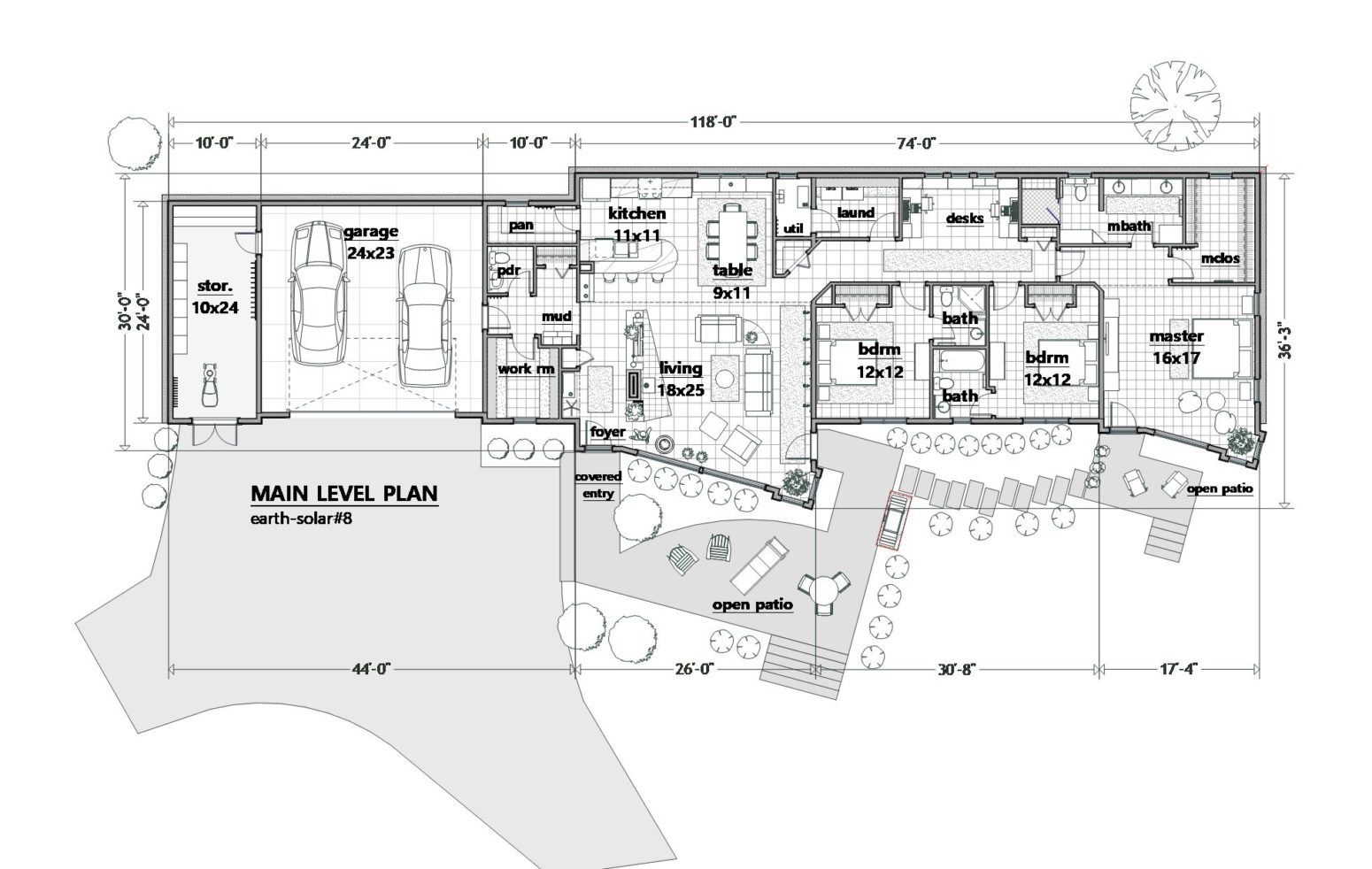 This expanded variation of design-7 adds an angular feature in the living and master front walls which provides interest inside and out.