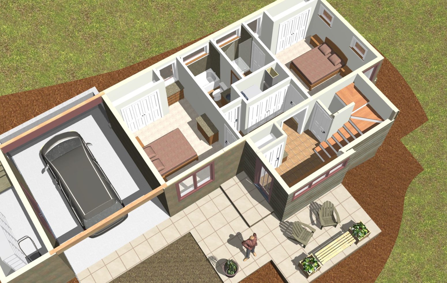 Entry and stair positioning this home design assists the 2 bedrooms this level to feel private.