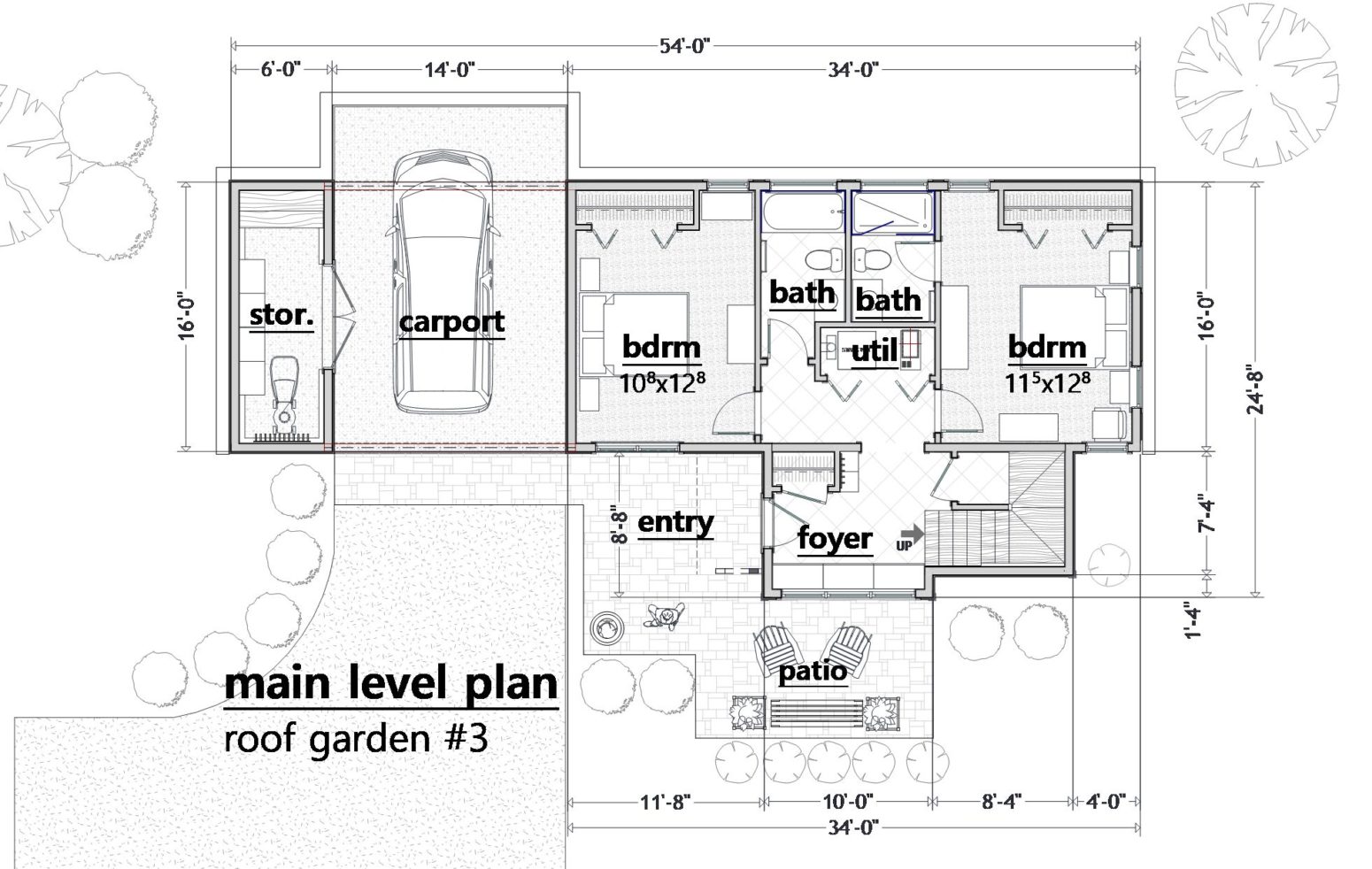 Plan level with 2 bedrooms, one a little larger with private bath. Bedrooms have a sense of separation from the stairwell function.