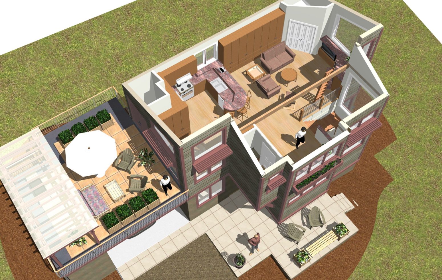 Comprehensive view of the upper living level and roof garden this active home design.