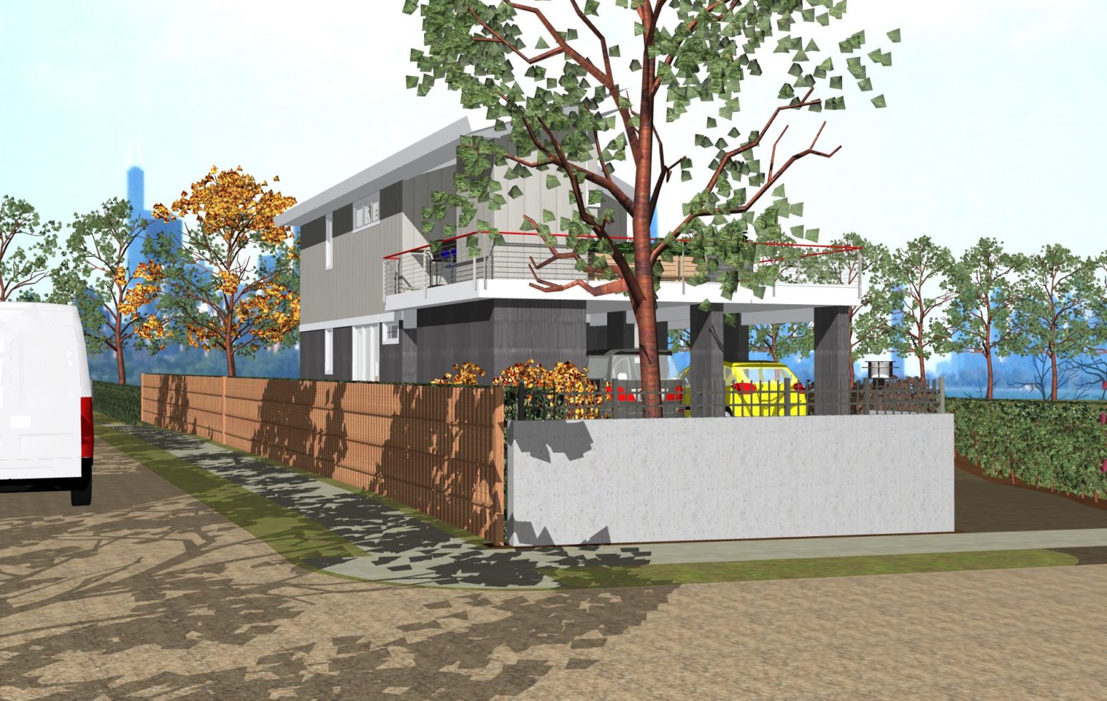 Hypothetical corner lot setting for this narrow lot contemporary home design with privacy walls front and side.