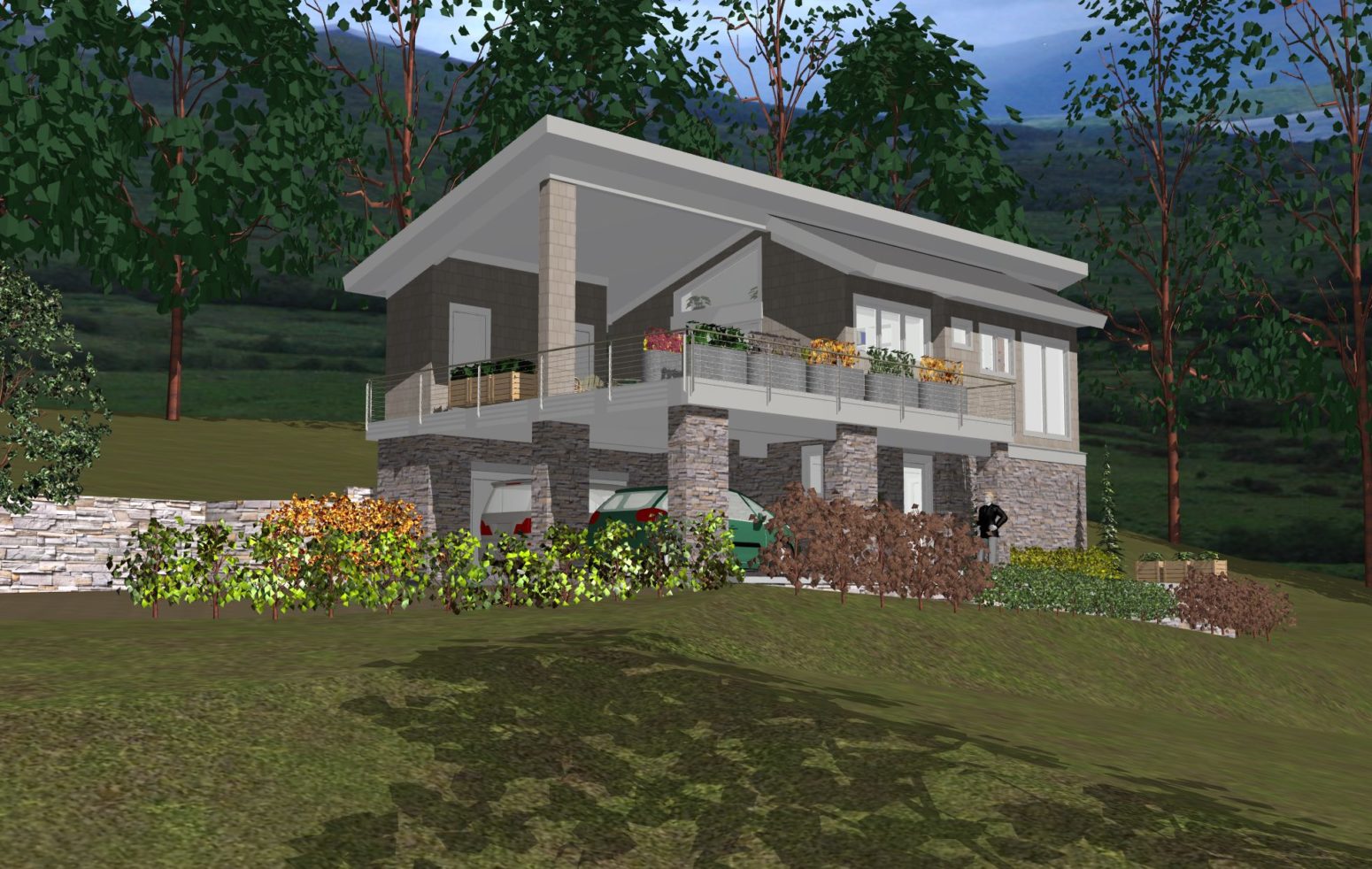 This design variation of #4 is purposefully showing in a open wooded environment on a sloped site.