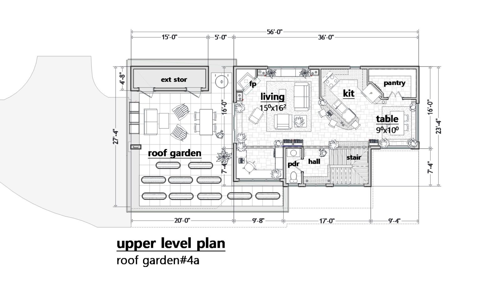 Plan view this upper level shows the extra large roof deck under cover and the open container gardening space.