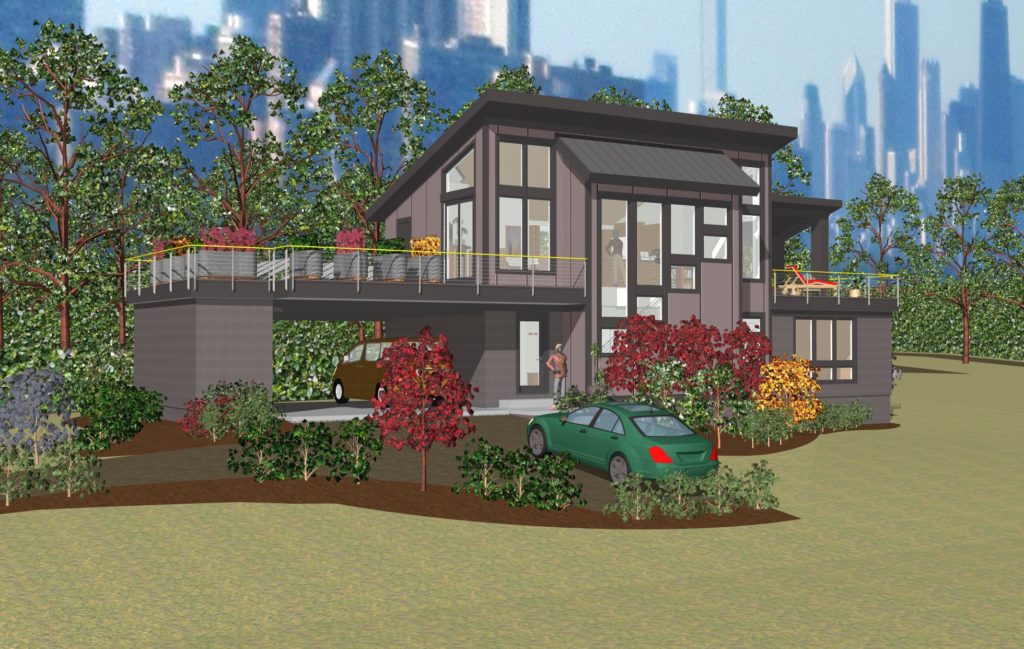 Long side 3d view highlights the long and narrow home design configuration this roof garden design variation emphasizes.