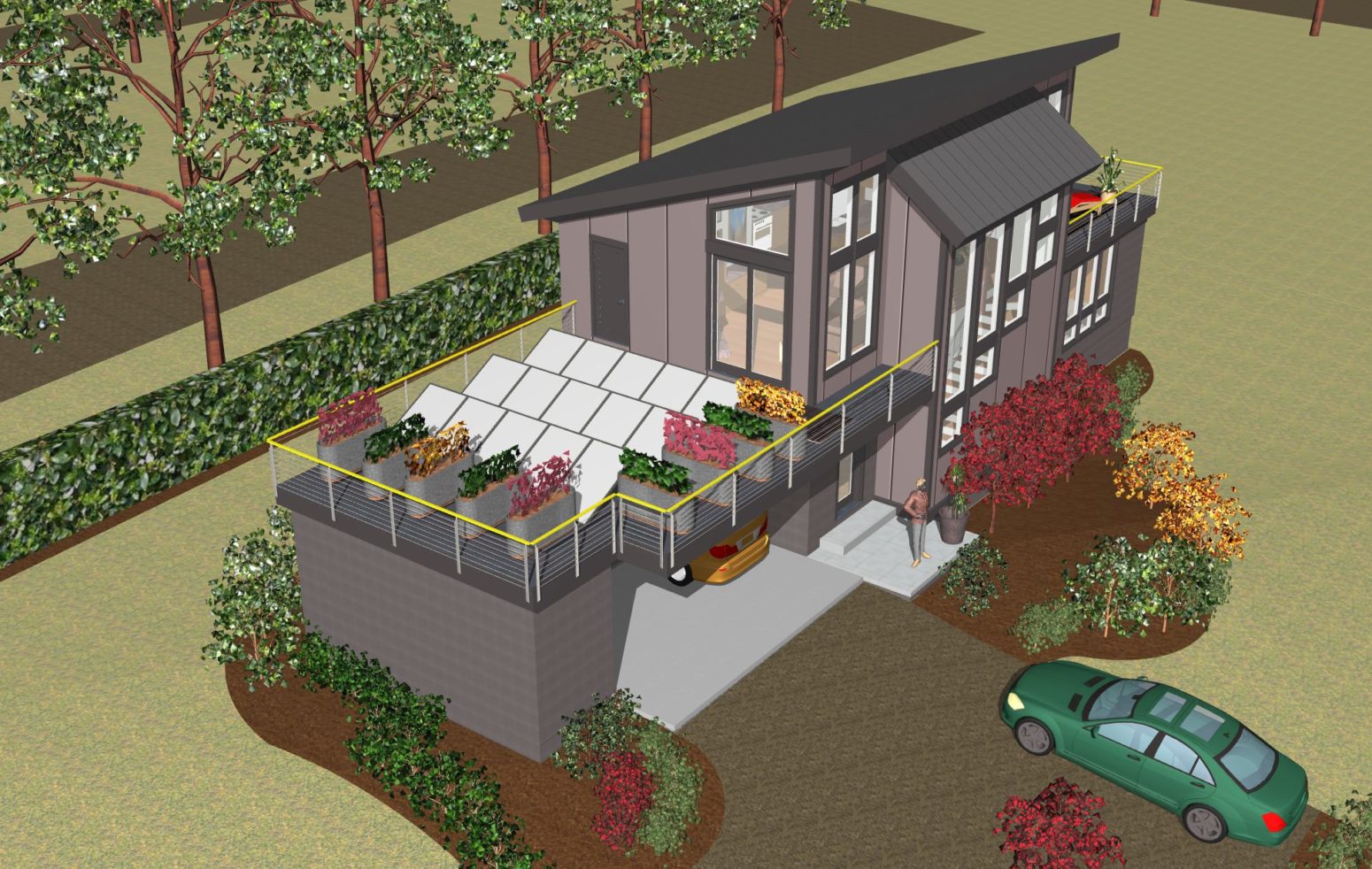 The roof container garden and PV array show clearly. The side loading carport would require design management based on lot width.