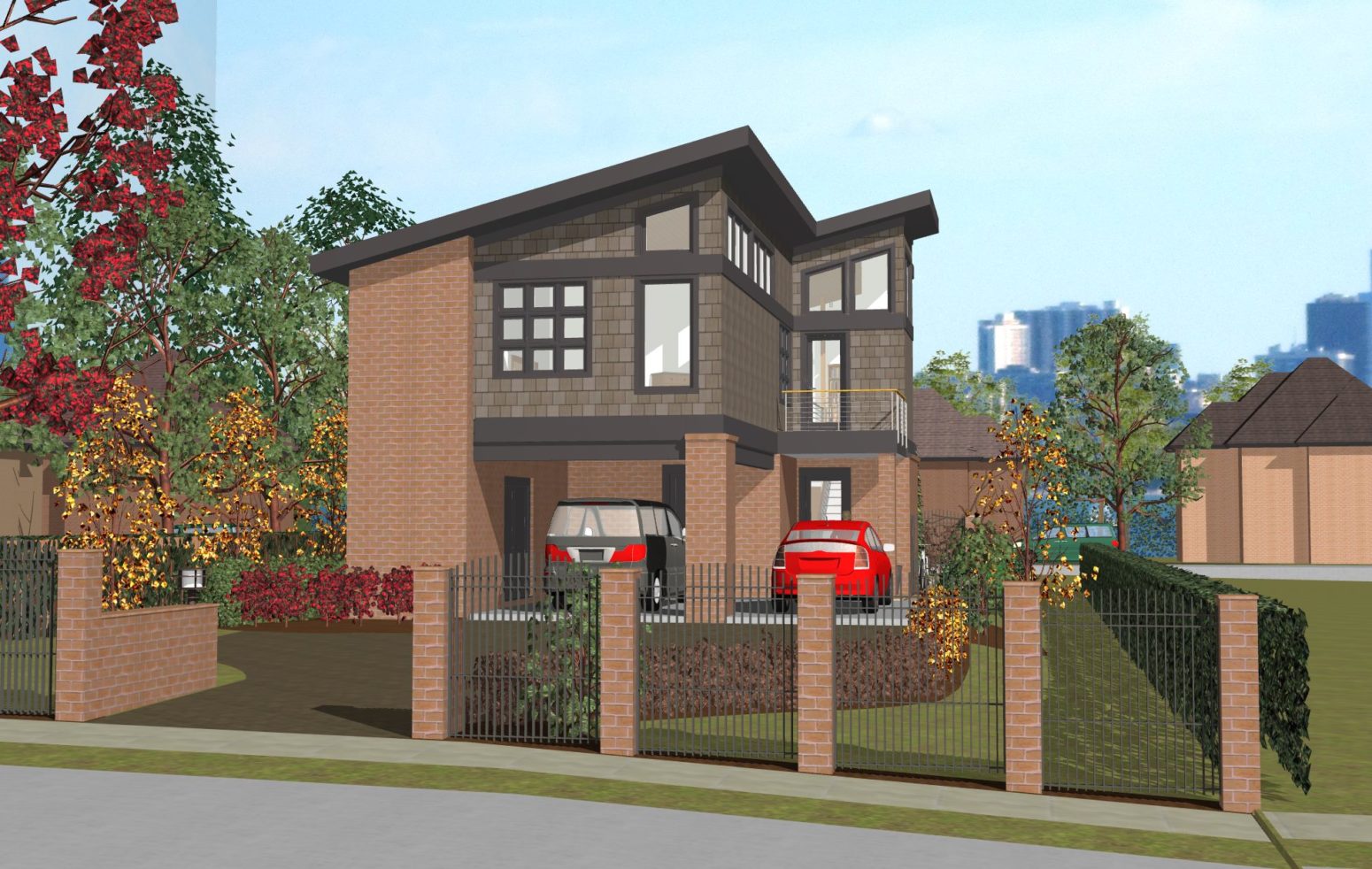 Narrow lot front with vehicular entry and front elevation shows this 3d view.