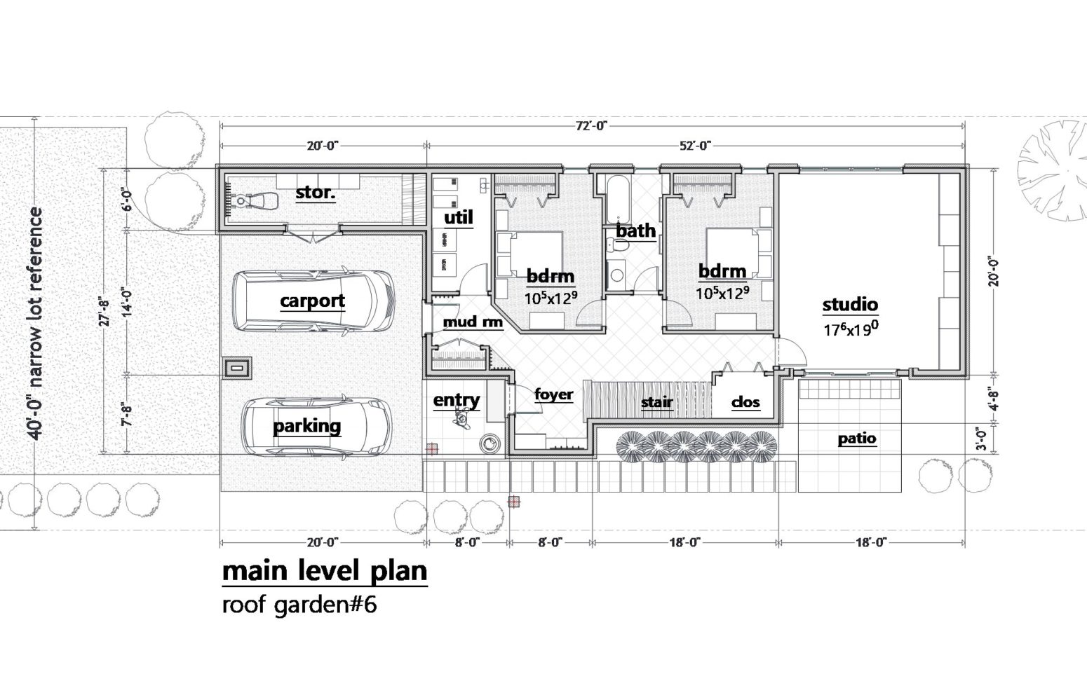 The big space labelled studio this ground level floor plan might be an office space accessible from outside, or a guest suite.