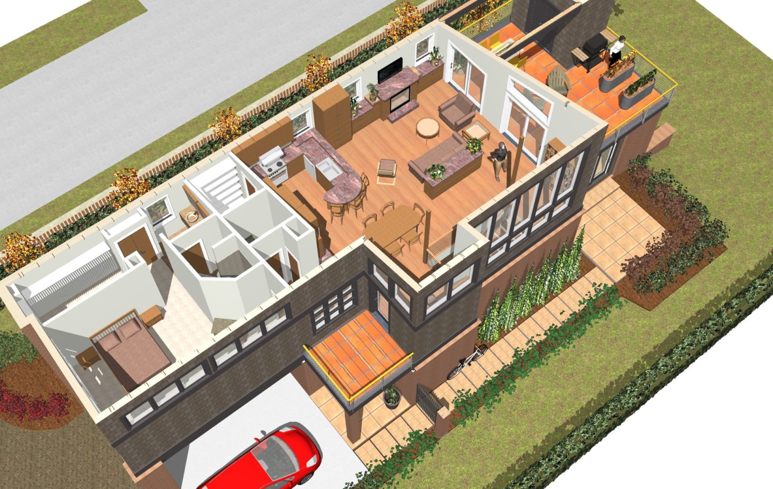 This upper level 3d plan shows the front positioned master suite and 2 glass door sets opening to the more private rear deck.