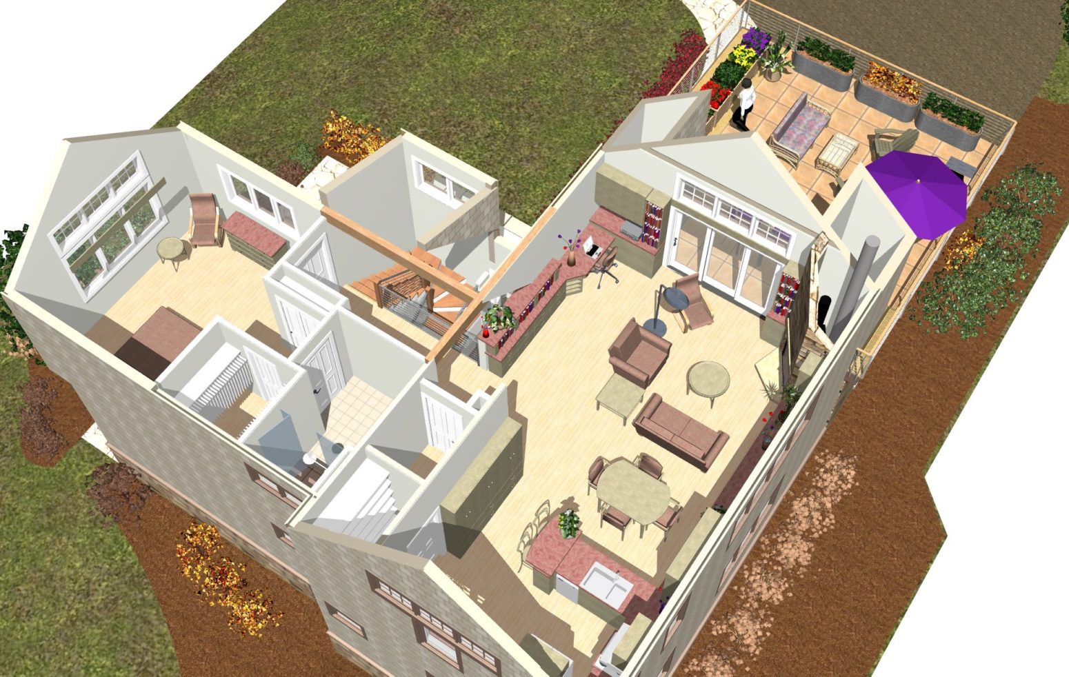 Upper level 3d plan helps describe the spaces and flow. The master bedroom is on this upper level this home design.