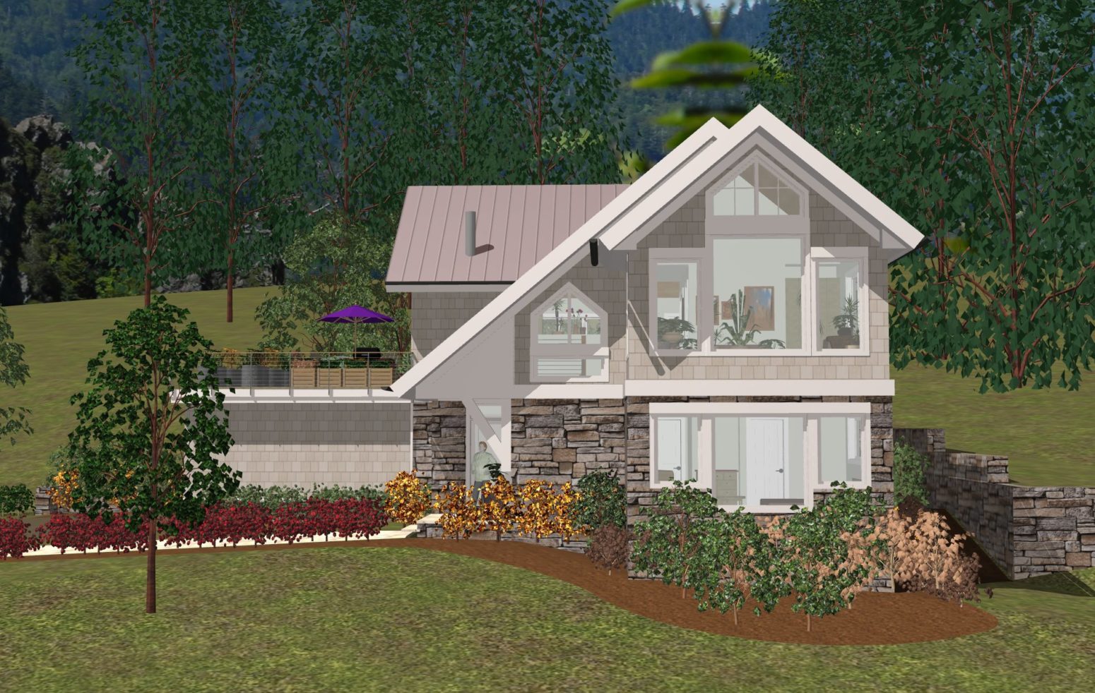 Front 3d view highlights the upper level sunroom with surrounding glass potential.