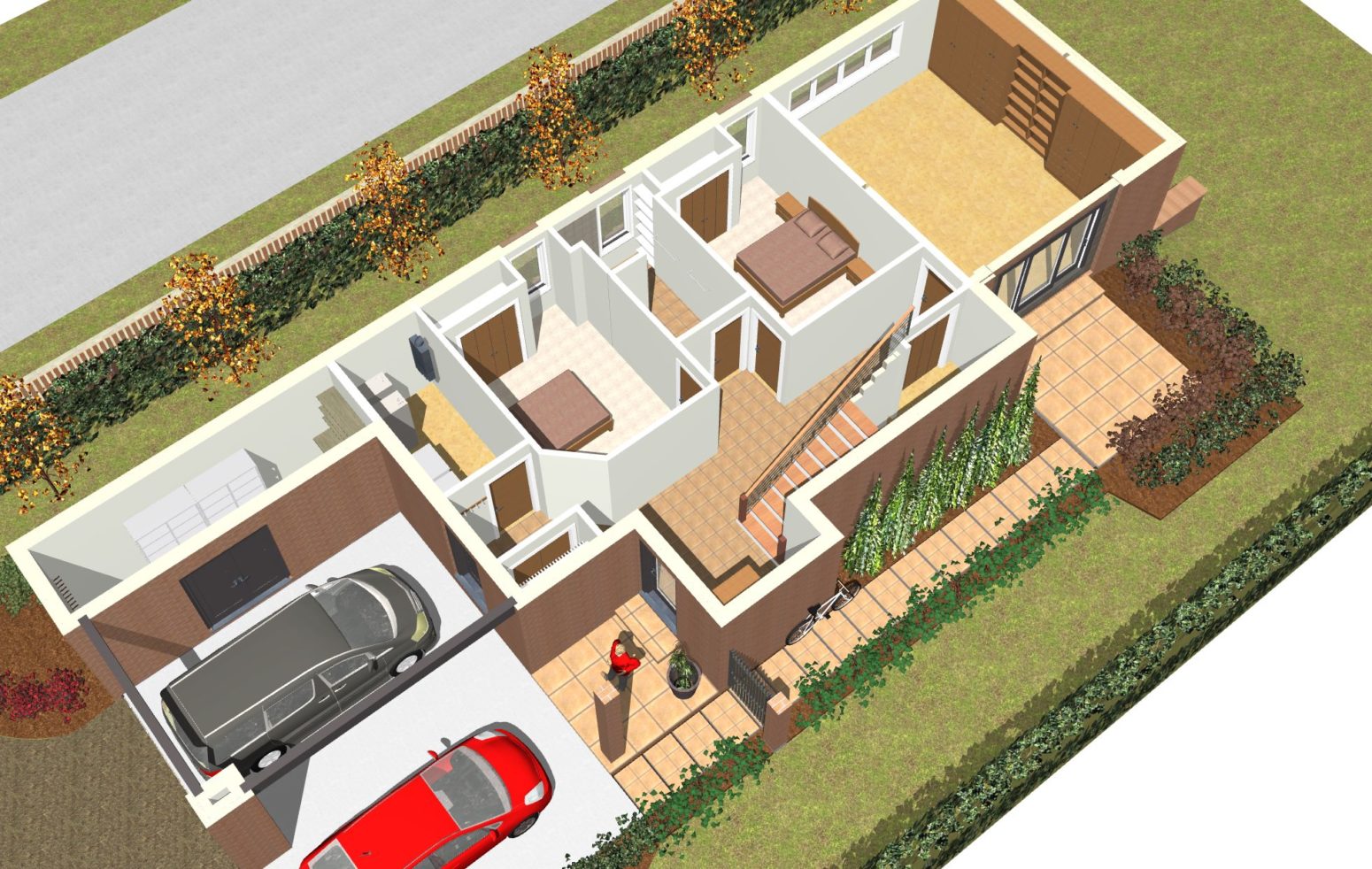 This 3d ground level plan is showing a brick veneer siding this whole level which can be a wise choice in a lot of urban narrow lot settings.