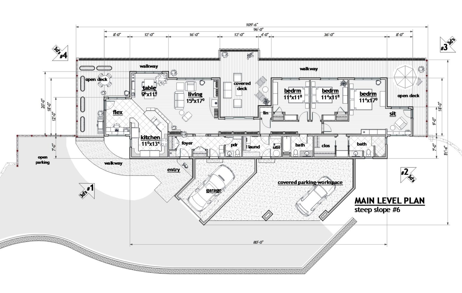 This long and narrow 1 story 3 bedroom plan stretches out over the framed construction platform.