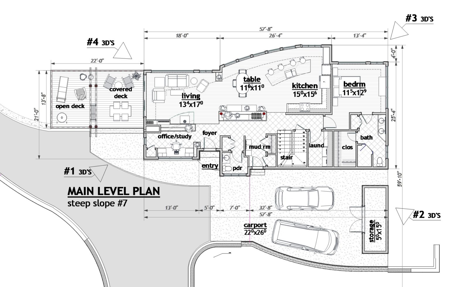 This complete home design handles the open living spaces differently and interestingly. Big view kitchen space.