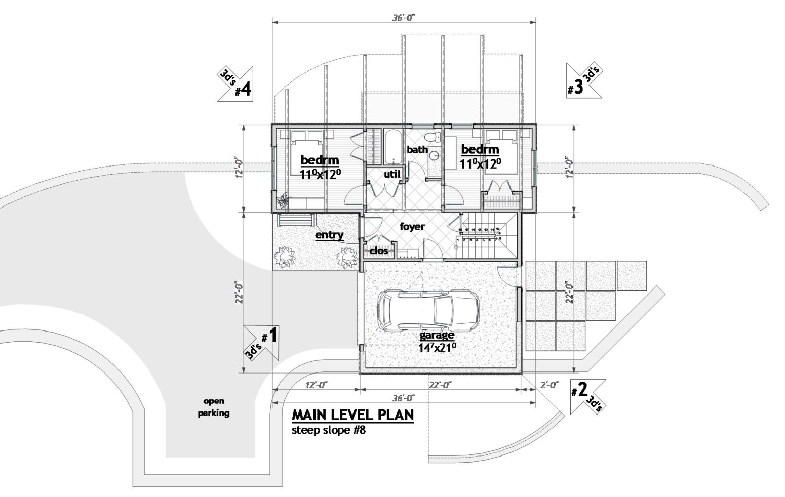 This ground level plan includes the foyer, stair, secondary bedrooms, and the garage.