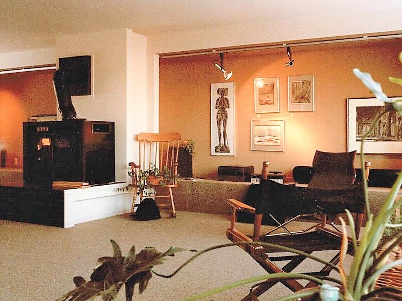 Interior of living space with wood stove and art walls